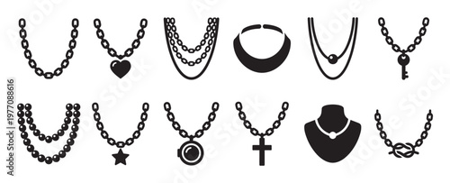 Various black silhouette necklaces and chains with different pendants like heart, key, cross, and star, presented in a clean, graphic style