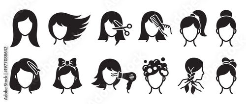 Collection of black and white hair styling icons depicting various hairstyles, hair care, and beauty salon activities