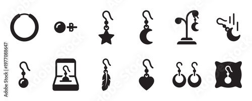 Collection of black silhouette earring icons showcasing various styles and shapes, including hoops, studs, and dangling designs with stars, moons, hearts, and feathers