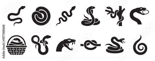 Various black snake icons in different poses and styles, including coiled, striking, and wrapped around objects, presented as simple graphic elements