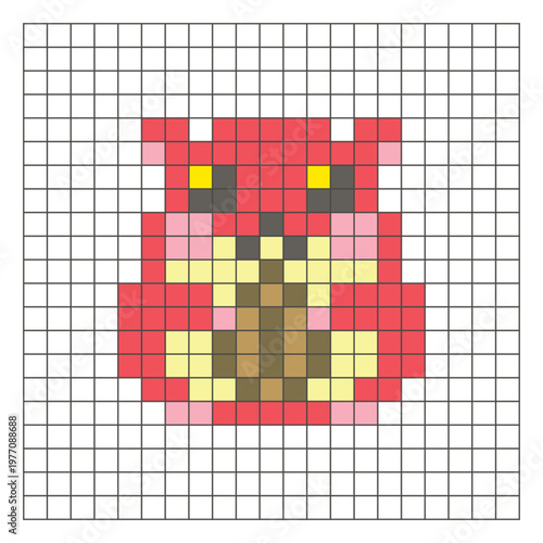 A flat pixel design made of geometric square color blocks on a clean grid layout. Pixel art hamster