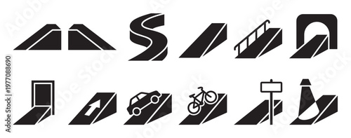 Collection of ten black and white ramp and road icons, illustrating various inclines, pathways, and obstacles in a clean, graphic style