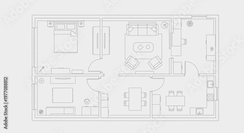 Modern Apartment Floor Plan: Living, Dining, Bedroom, Kitchen, and Bathroom Layout