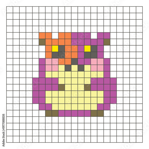A flat pixel design made of geometric square color blocks on a clean grid layout. Pixel art hamster