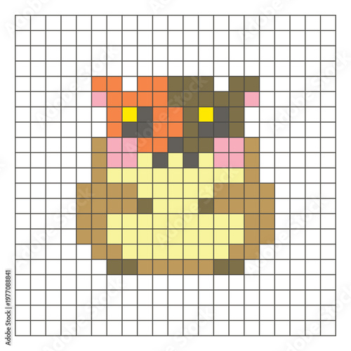 A flat pixel design made of geometric square color blocks on a clean grid layout. Pixel art hamster