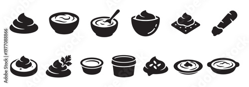 Collection of black and white icons depicting various sauces, dips, and condiments in bowls and on crackers, presented in a simple graphic style