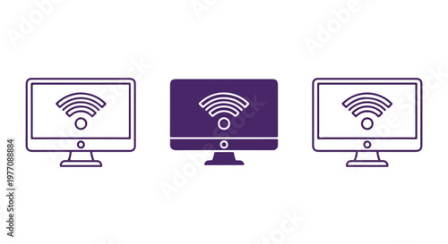 Three computer monitors with wireless signal icons representing wireless connectivity and technology in a modern