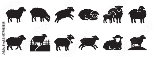 Collection of black sheep silhouettes in various poses, including standing, jumping, resting, and with a lamb, depicted in a simple graphic style