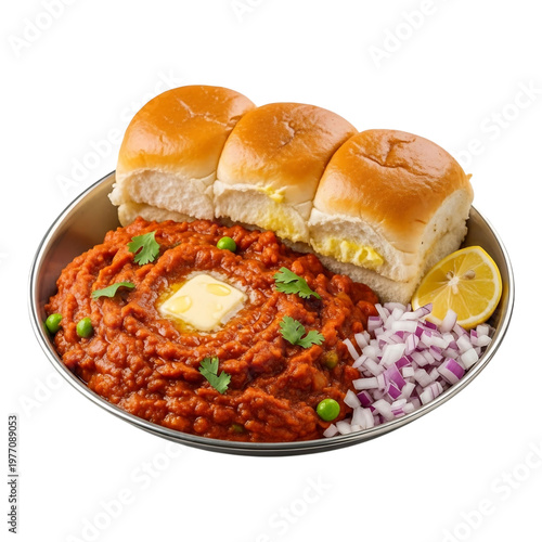 A plate of indian pav bhaji with butter and vegetables