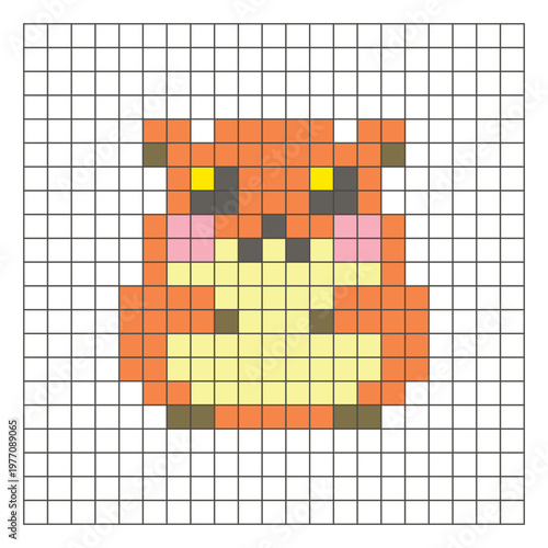 A flat pixel design made of geometric square color blocks on a clean grid layout. Pixel art hamster