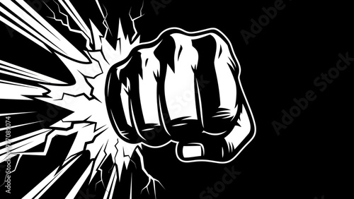 Fist Punching Through Wall Breaking Effect, Action, Power, Impact, Aggression, Black and White