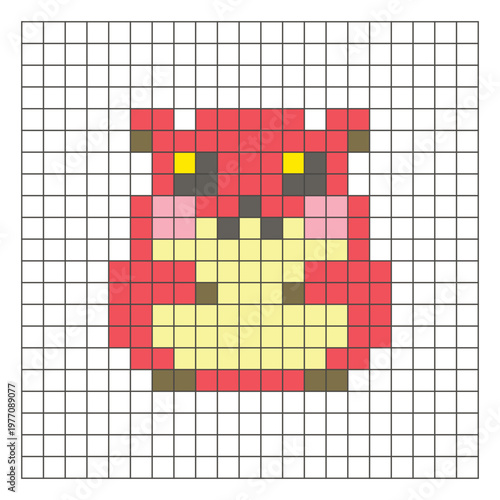 A flat pixel design made of geometric square color blocks on a clean grid layout. Pixel art hamster