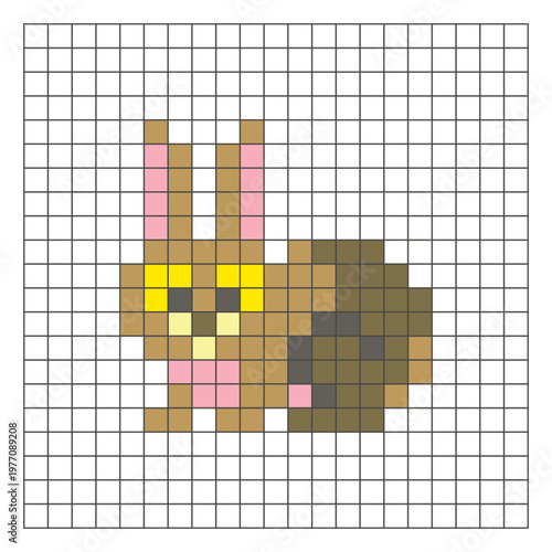 A flat pixel design made of geometric square color blocks on a clean grid layout. Pixel art rabbit