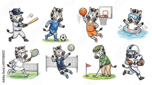 Set of Funny cartoon vector set illustration of a Zebra character playing with sport featuring an animal icon collection watercolor pastel style	Sticker design