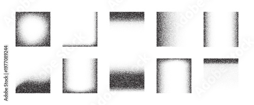 Noise square texture with grain gradient background for spray stipple element. Fade geometric soft with noise pattern gradation for border shape corner. Black grunge noise with dissolve grain.