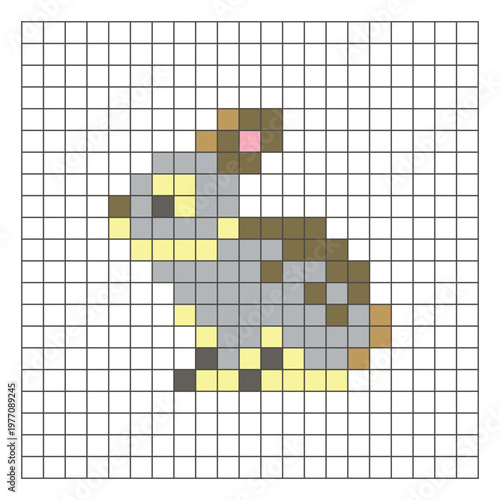 A flat pixel design made of geometric square color blocks on a clean grid layout. Pixel art rabbit