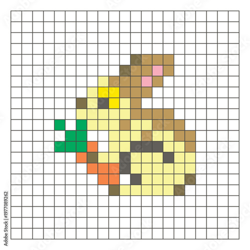 A flat pixel design made of geometric square color blocks on a clean grid layout. Pixel art rabbit