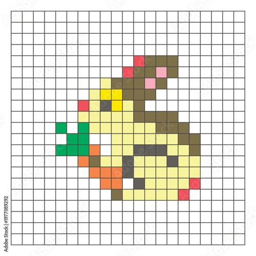 A flat pixel design made of geometric square color blocks on a clean grid layout. Pixel art rabbit