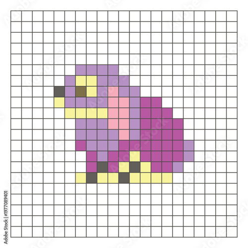 A flat pixel design made of geometric square color blocks on a clean grid layout. Pixel art rabbit