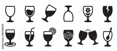 Collection of various black and white wine glass icons, depicting different states and designs in a simple graphic style