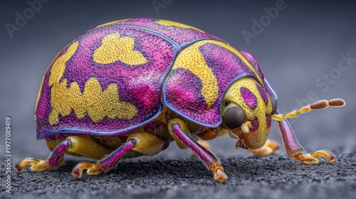 Vibrantly colored jeweled beetle with unique patterned shell and visible legs exploring textured ground in extreme macro detail
