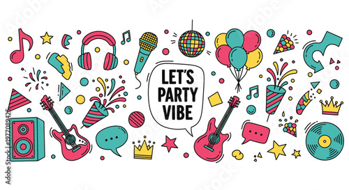 Colorful party vibe doodle set with musical instruments and celebration icons, hand drawn festival elements, music event vector illustration