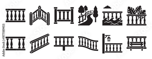 Collection of black silhouette balustrade and fence icons in various styles and configurations, presented as a clear graphic illustration