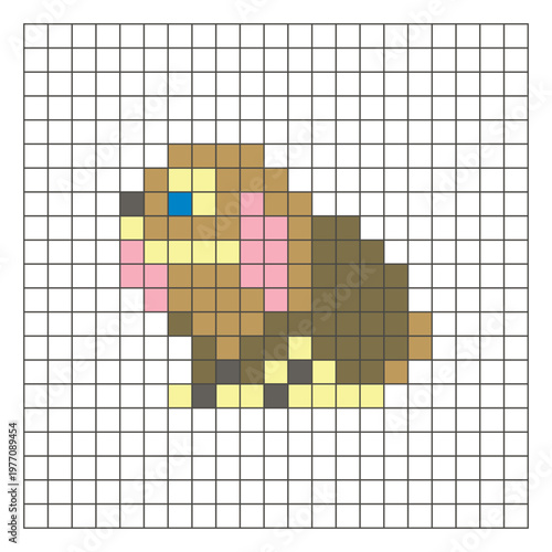 A flat pixel design made of geometric square color blocks on a clean grid layout. Pixel art rabbit