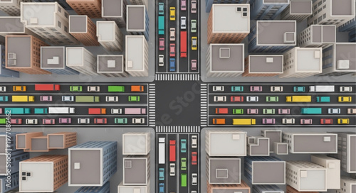Central processing unit chip with city streets and buildings.