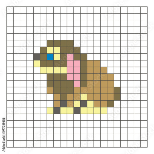 A flat pixel design made of geometric square color blocks on a clean grid layout. Pixel art rabbit