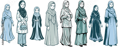 Collection of diverse Muslim women in modest Islamic fashion illustrations