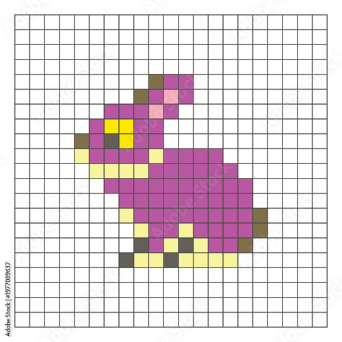 A flat pixel design made of geometric square color blocks on a clean grid layout. Pixel art rabbit