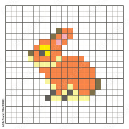 A flat pixel design made of geometric square color blocks on a clean grid layout. Pixel art rabbit