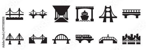 Collection of various black bridge icons, including suspension, arch, and pedestrian designs, presented in a clean, graphic style