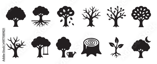 Various black tree icons illustrating different stages of growth, seasons, and related elements in a clean, graphic style