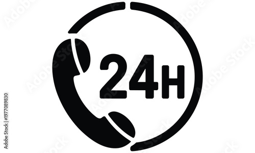 Black 24 hour customer service support icon with telephone handset and circular arrow for business contact and round the clock assistance