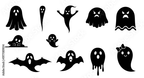 Halloween ghost silhouette collection, spooky phantom character icons, black spirit and specter vector set for holiday party decorations