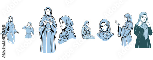 Set of Muslim Woman Illustrations Wearing Hijab and Modest Clothing
