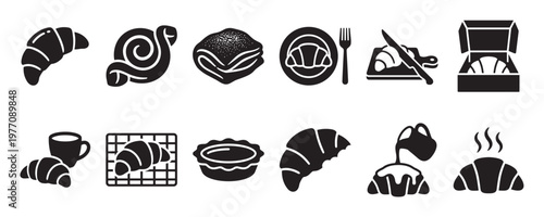 Collection of black silhouette bakery icons featuring croissants, pastries, and breakfast items in a simple graphic style