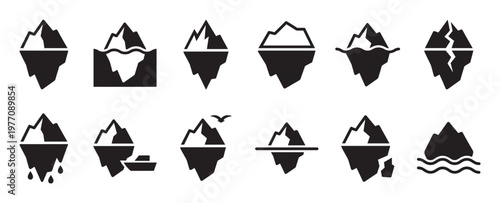 Collection of black silhouette iceberg icons depicting various states and forms, including melting, floating, and submerged elements