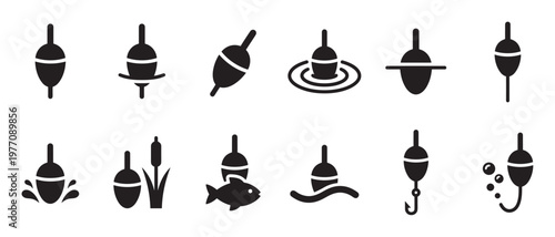 Collection of black fishing bobber icons, depicting various styles and interactions with water, presented as clean vector graphics