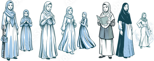 Set of Muslim women in hijab and modest clothing illustrations