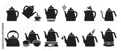 Collection of black silhouette coffee and tea pot icons in various styles and actions, presented as a clean vector illustration