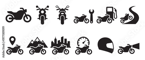 Collection of black motorcycle icons depicts various aspects of riding, maintenance, and travel in a clean, graphic style