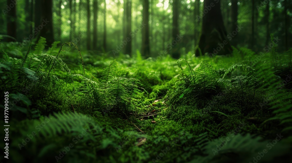Obraz premium A close view of green ferns growing on the forest floor among moss and wet soil. Sunlight filters through tall trees, creating a bright atmosphere in nature.