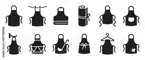 Various black apron icons representing kitchen wear, cooking, and household tasks in a simple, clean graphic style