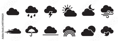 Collection of black weather icons depicting various atmospheric conditions like sunny, rainy, stormy, and windy