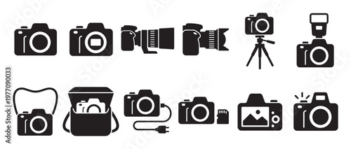 Collection of black camera icons and photography equipment symbols are neatly arranged in a clean, graphic style
