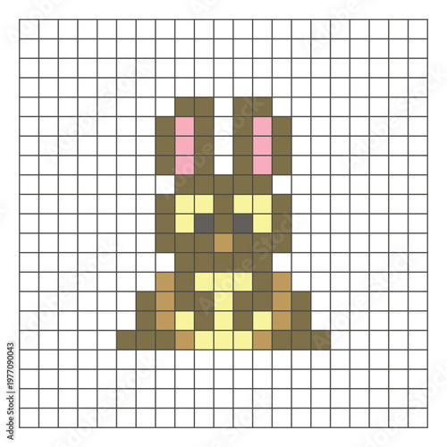 A flat pixel design made of geometric square color blocks on a clean grid layout. Pixel art rabbit