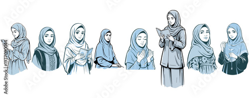 Set of Muslim Women in Hijab Character Illustrations